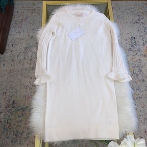 GAL MEETS GLAM Agnes Ruffle Cuff Long Sleeve Sweater Dress Cream White XXS